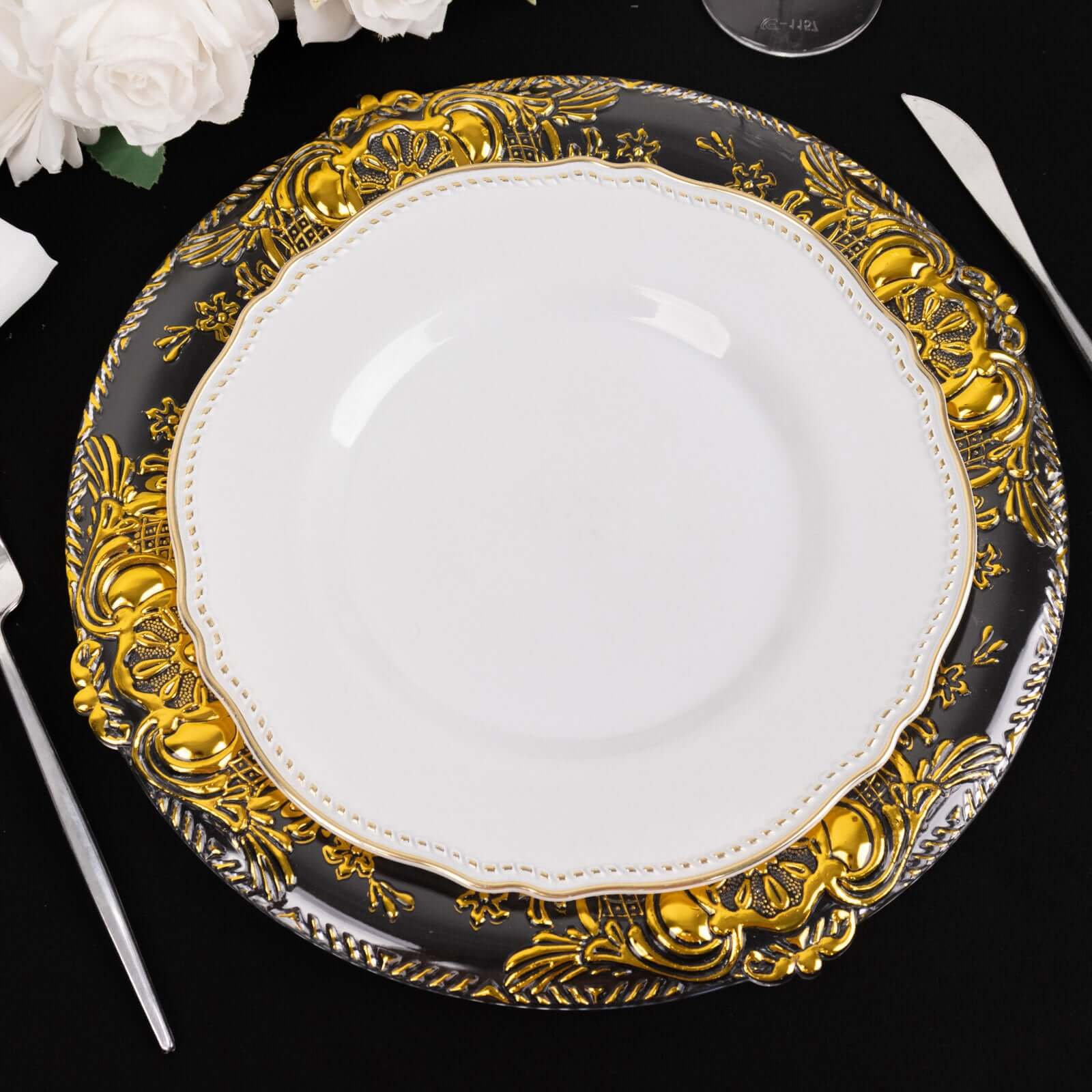6-Pack Plastic Charger Plates 13" Round Clear with Gold Florentine Embossed Rim - Exquisite Dinner Serving Plates - Image 10