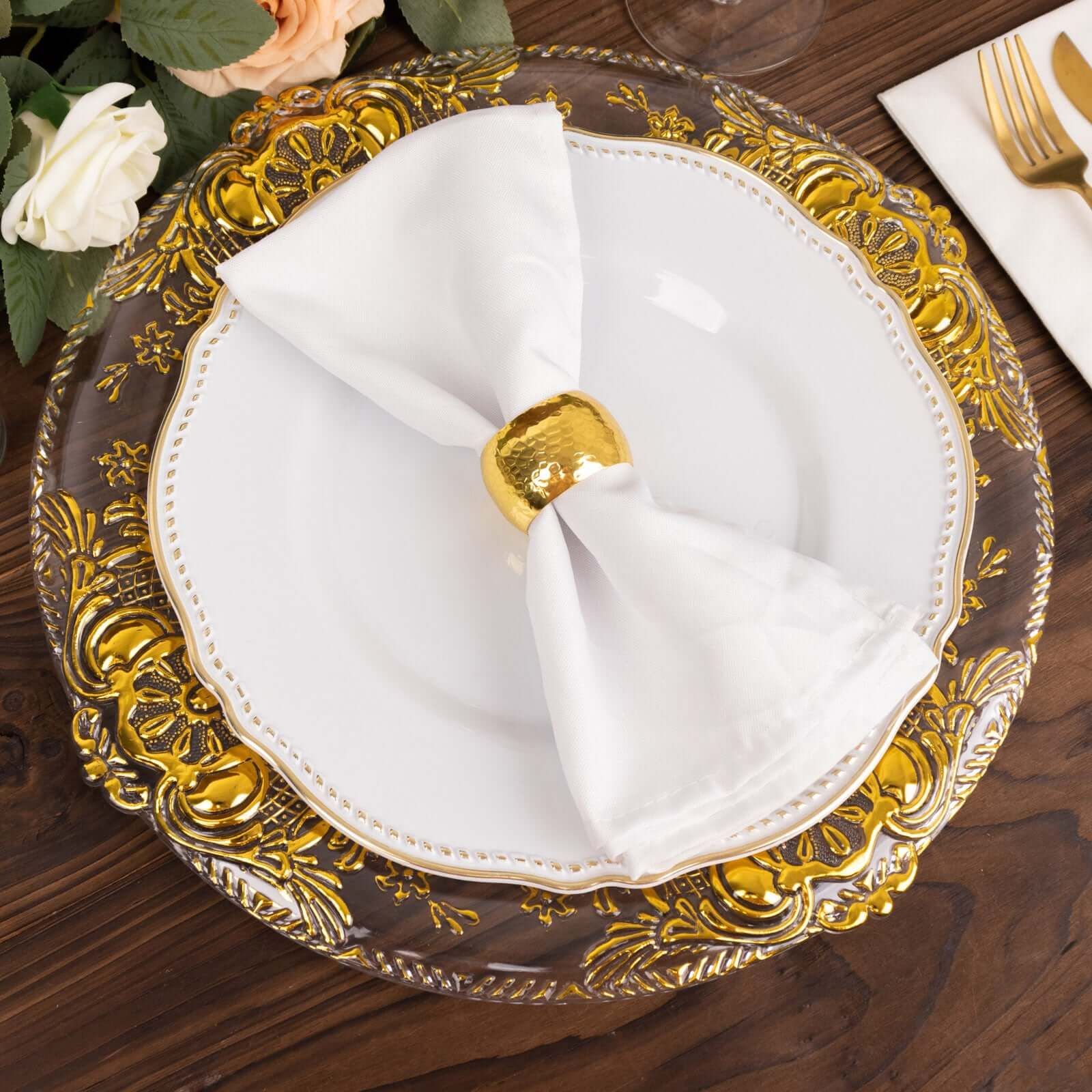 Alternative view of 6-Pack Plastic Charger Plates 13" Round Clear with Gold Florentine Embossed Rim - Exquisite Dinner Serving Plates