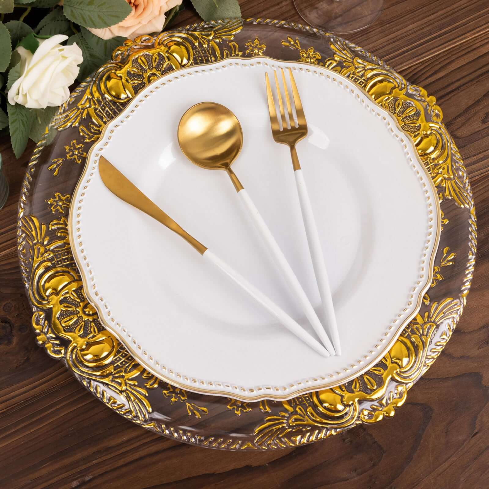 6-Pack Plastic Charger Plates 13" Round Clear with Gold Florentine Embossed Rim - Exquisite Dinner Serving Plates - Image 6