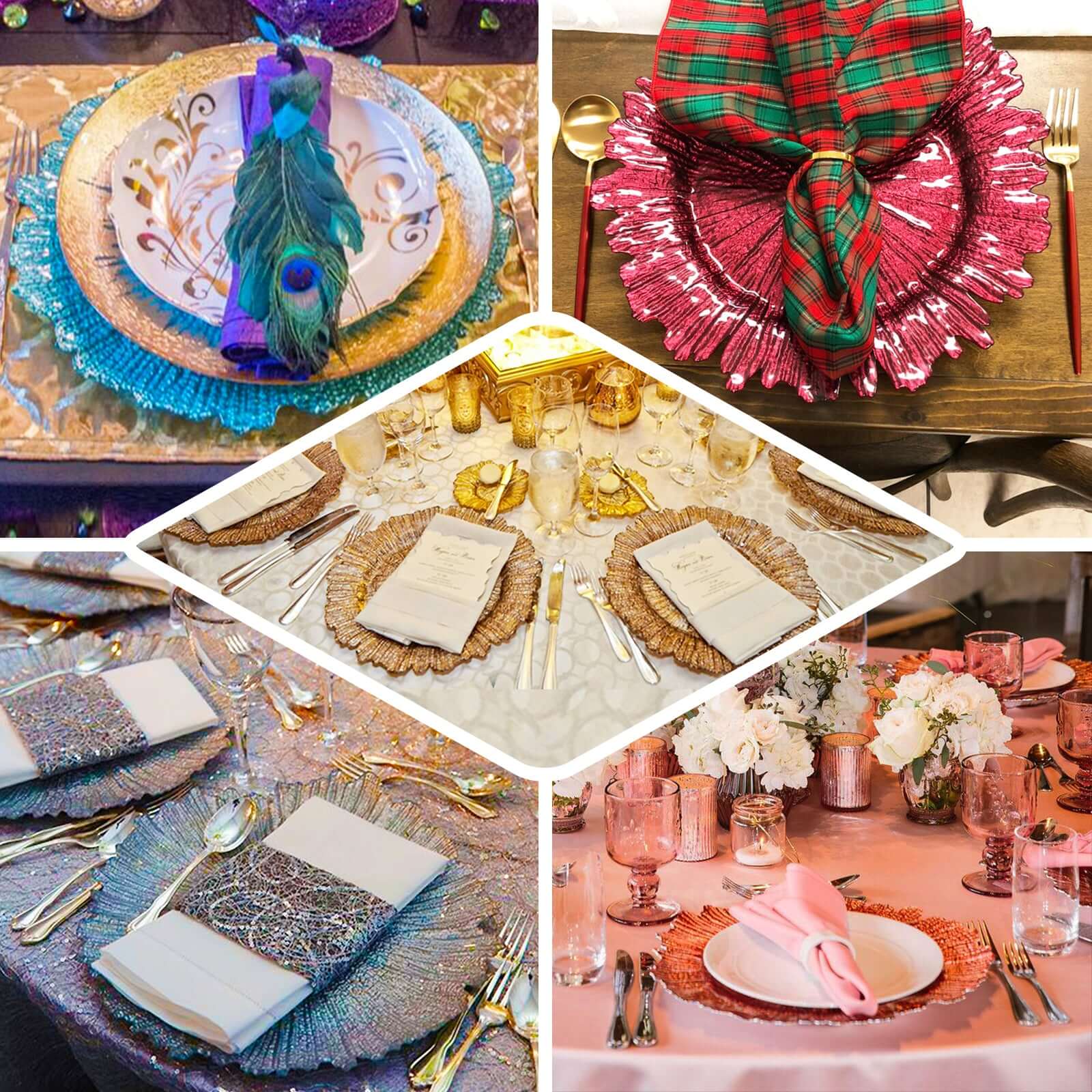 6-Pack Plastic Charger Plates 12", Round Clear with Gold Brushed Scalloped Reef Rim - Decorative Dinner Party Serving Plates - Image 5